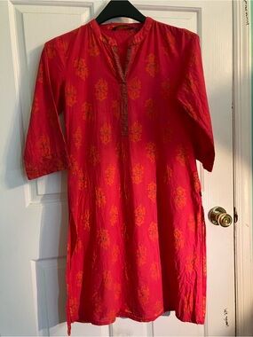 Red Floral Long-Sleeve Tunic Dress - Casual Pull-On Style